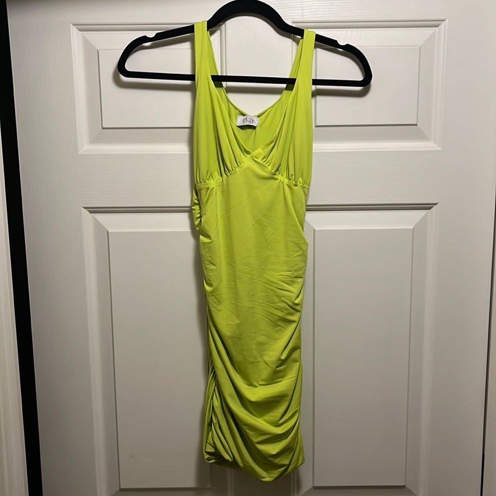 Oh Polly lime green ruched mini dress